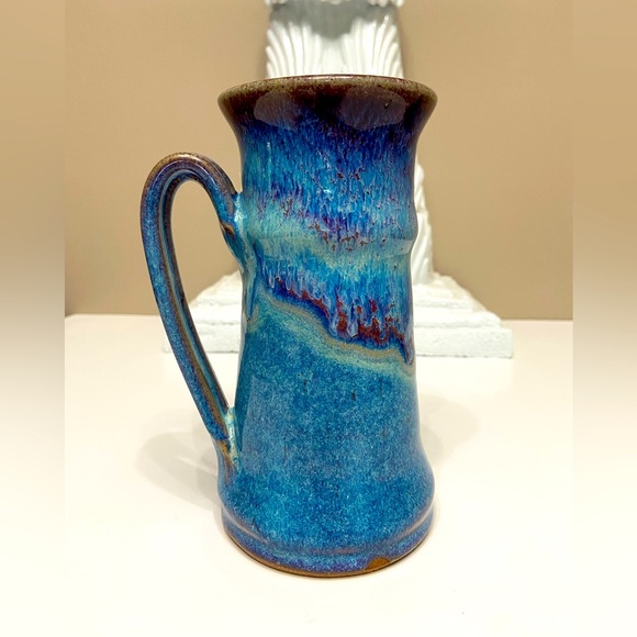 Other - Gorgeous glazed pottery mug/small pitcher Multi colored blues, artist signature